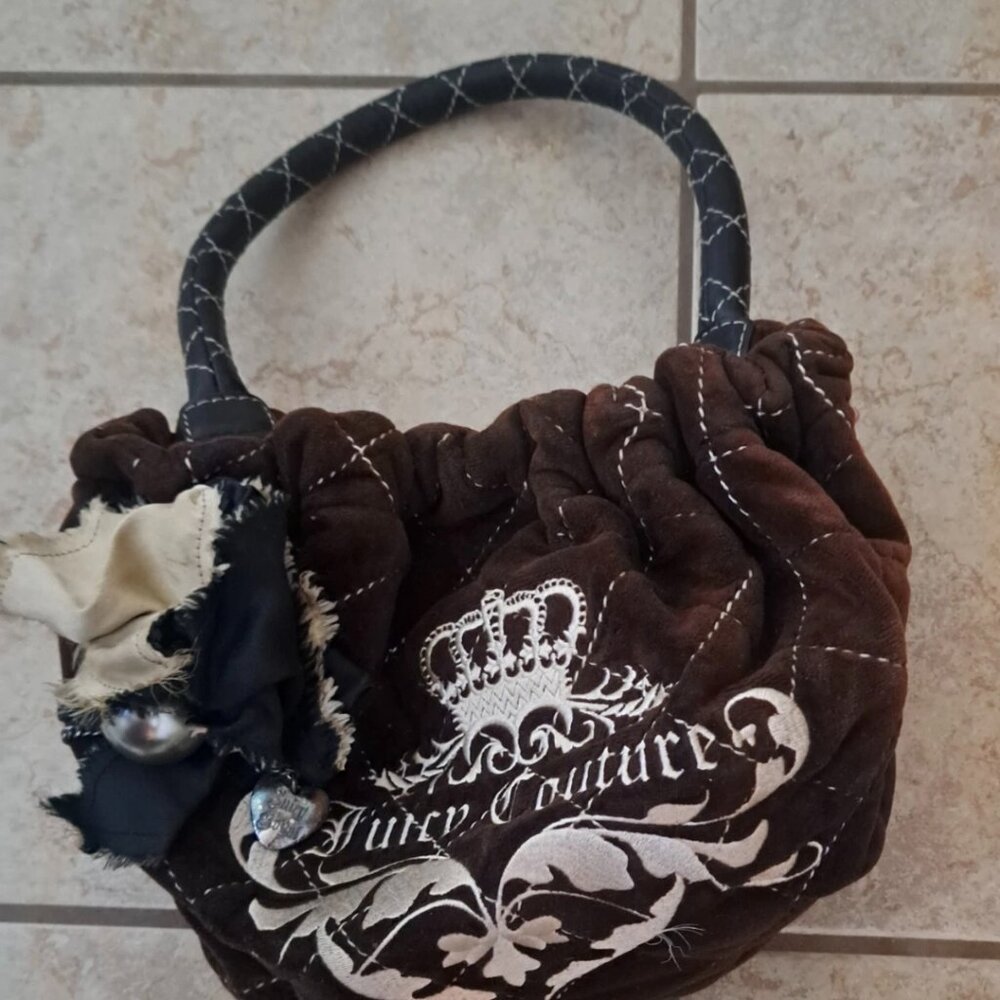 Cute Vintage Royal Juicy Couture Brown Velvet Hobo Purse Wit Ribbon  Y2K :)